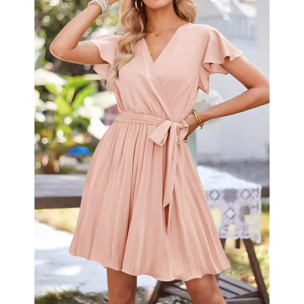 imageZESICA Womens Wrap V Neck Mini Dress 2023 Summer Flutter Sleeve Tie Waist Pleated A Line Swing Wedding Party Short DressesLightpink