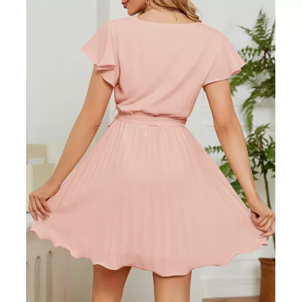imageZESICA Womens Wrap V Neck Mini Dress 2023 Summer Flutter Sleeve Tie Waist Pleated A Line Swing Wedding Party Short DressesLightpink