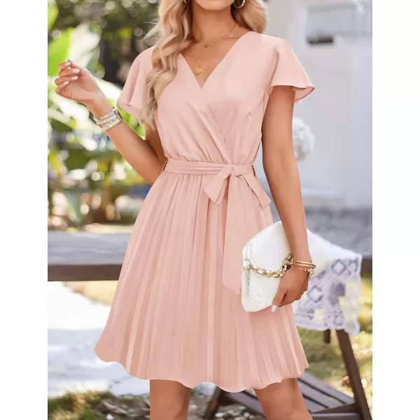 imageZESICA Womens Wrap V Neck Mini Dress 2023 Summer Flutter Sleeve Tie Waist Pleated A Line Swing Wedding Party Short DressesLightpink