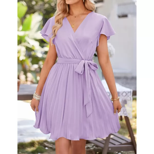 imageZESICA Womens Wrap V Neck Mini Dress 2023 Summer Flutter Sleeve Tie Waist Pleated A Line Swing Wedding Party Short DressesPurple