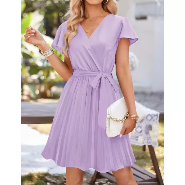 imageZESICA Womens Wrap V Neck Mini Dress 2023 Summer Flutter Sleeve Tie Waist Pleated A Line Swing Wedding Party Short DressesPurple