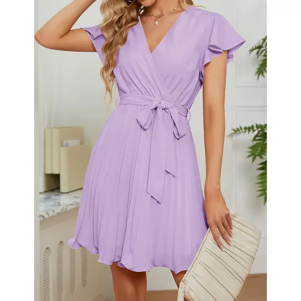 imageZESICA Womens Wrap V Neck Mini Dress 2023 Summer Flutter Sleeve Tie Waist Pleated A Line Swing Wedding Party Short DressesPurple