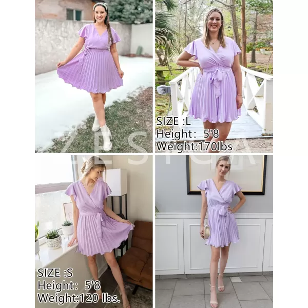imageZESICA Womens Wrap V Neck Mini Dress 2023 Summer Flutter Sleeve Tie Waist Pleated A Line Swing Wedding Party Short DressesPurple