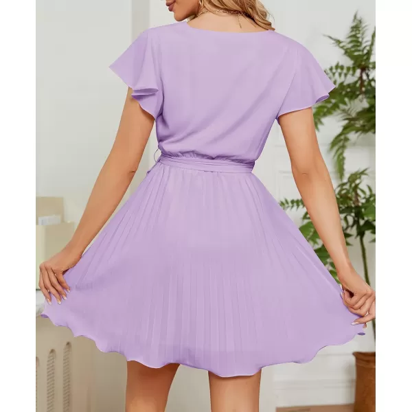 imageZESICA Womens Wrap V Neck Mini Dress 2023 Summer Flutter Sleeve Tie Waist Pleated A Line Swing Wedding Party Short DressesPurple
