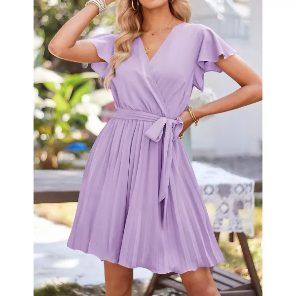 imageZESICA Womens Wrap V Neck Mini Dress 2023 Summer Flutter Sleeve Tie Waist Pleated A Line Swing Wedding Party Short DressesPurple