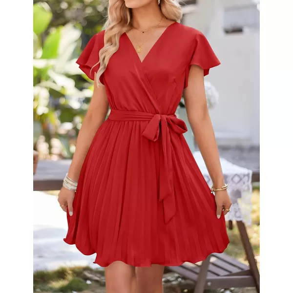 imageZESICA Womens Wrap V Neck Mini Dress 2023 Summer Flutter Sleeve Tie Waist Pleated A Line Swing Wedding Party Short DressesRed