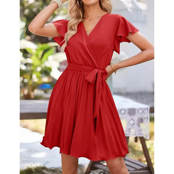 imageZESICA Womens Wrap V Neck Mini Dress 2023 Summer Flutter Sleeve Tie Waist Pleated A Line Swing Wedding Party Short DressesRed