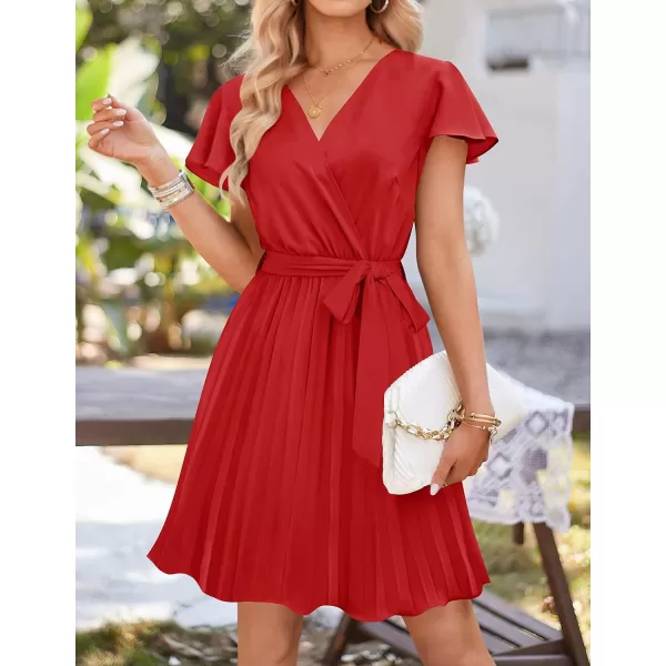 imageZESICA Womens Wrap V Neck Mini Dress 2023 Summer Flutter Sleeve Tie Waist Pleated A Line Swing Wedding Party Short DressesRed