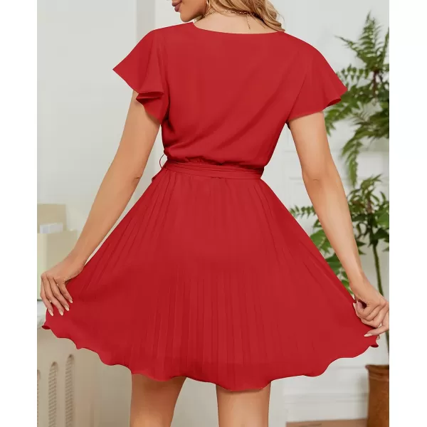 imageZESICA Womens Wrap V Neck Mini Dress 2023 Summer Flutter Sleeve Tie Waist Pleated A Line Swing Wedding Party Short DressesRed