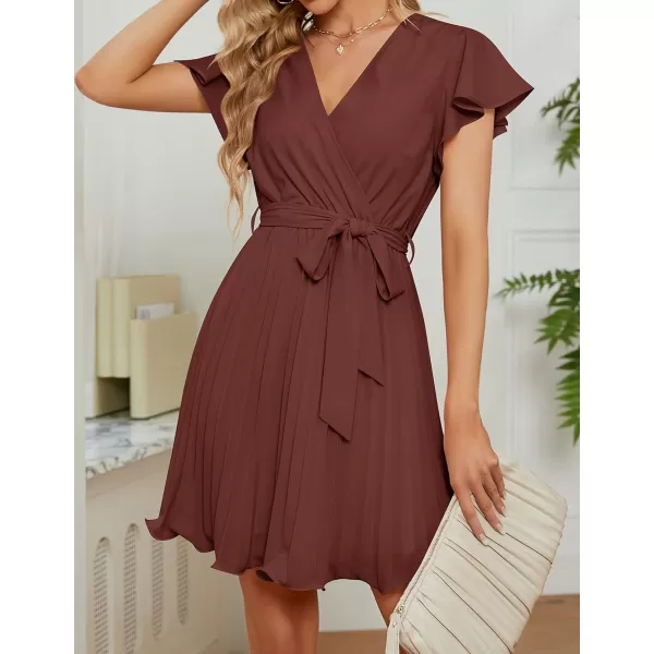 imageZESICA Womens Wrap V Neck Mini Dress 2023 Summer Flutter Sleeve Tie Waist Pleated A Line Swing Wedding Party Short DressesRedbrown
