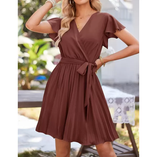 imageZESICA Womens Wrap V Neck Mini Dress 2023 Summer Flutter Sleeve Tie Waist Pleated A Line Swing Wedding Party Short DressesRedbrown
