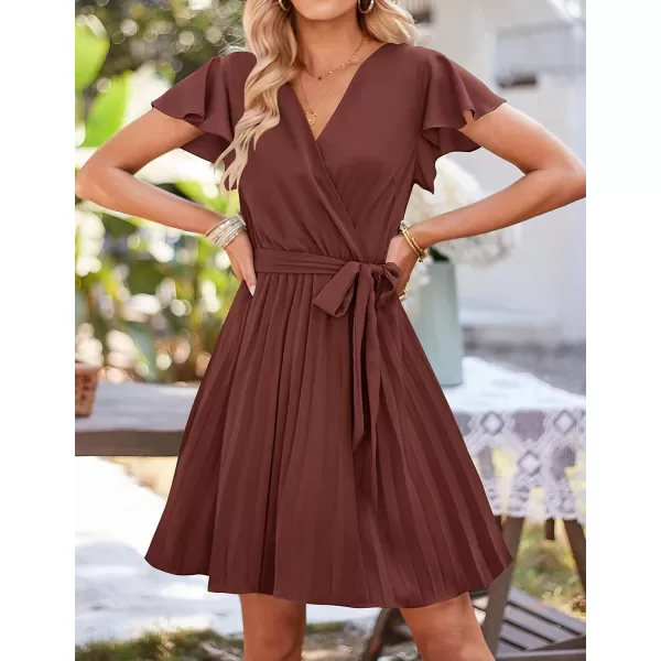 imageZESICA Womens Wrap V Neck Mini Dress 2023 Summer Flutter Sleeve Tie Waist Pleated A Line Swing Wedding Party Short DressesRedbrown