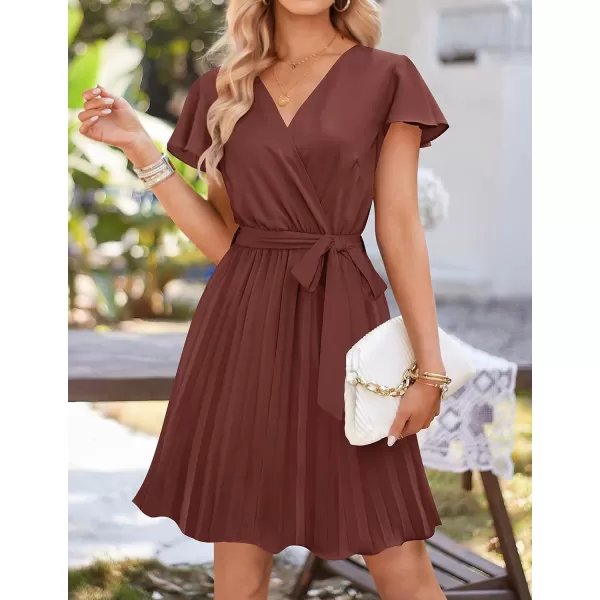 imageZESICA Womens Wrap V Neck Mini Dress 2023 Summer Flutter Sleeve Tie Waist Pleated A Line Swing Wedding Party Short DressesRedbrown