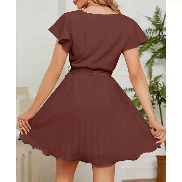 imageZESICA Womens Wrap V Neck Mini Dress 2023 Summer Flutter Sleeve Tie Waist Pleated A Line Swing Wedding Party Short DressesRedbrown