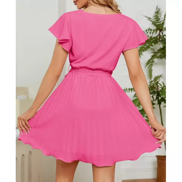 imageZESICA Womens Wrap V Neck Mini Dress 2023 Summer Flutter Sleeve Tie Waist Pleated A Line Swing Wedding Party Short DressesRosepink