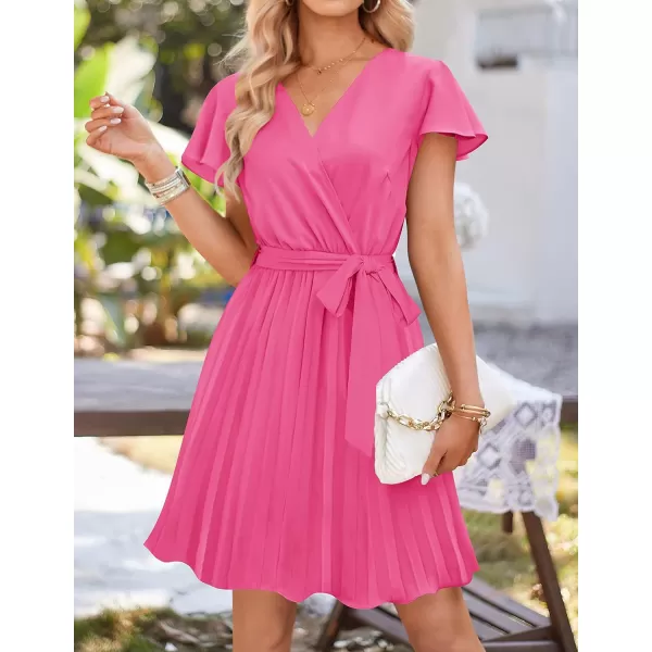 imageZESICA Womens Wrap V Neck Mini Dress 2023 Summer Flutter Sleeve Tie Waist Pleated A Line Swing Wedding Party Short DressesRosepink