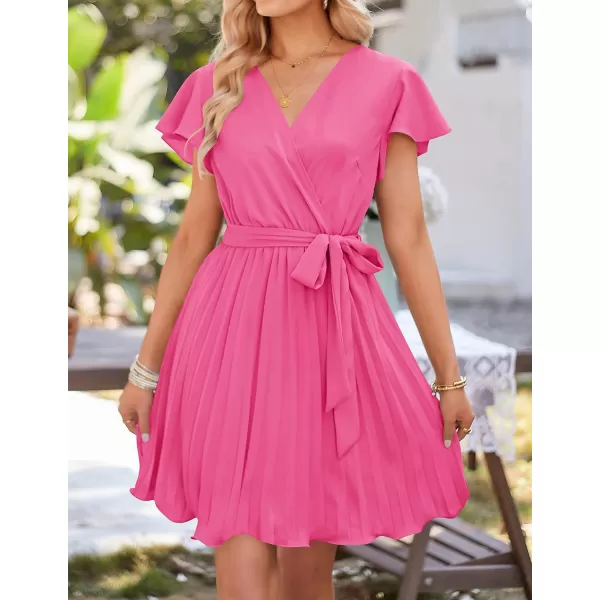 imageZESICA Womens Wrap V Neck Mini Dress 2023 Summer Flutter Sleeve Tie Waist Pleated A Line Swing Wedding Party Short DressesRosepink