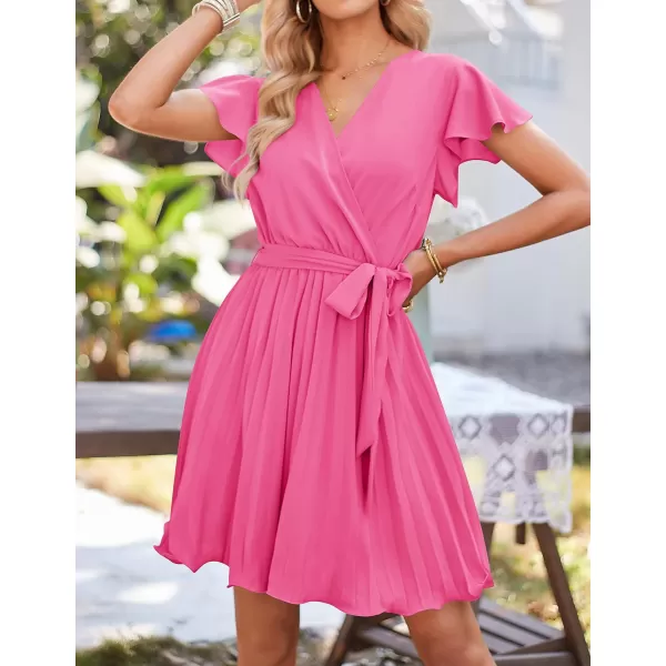 imageZESICA Womens Wrap V Neck Mini Dress 2023 Summer Flutter Sleeve Tie Waist Pleated A Line Swing Wedding Party Short DressesRosepink