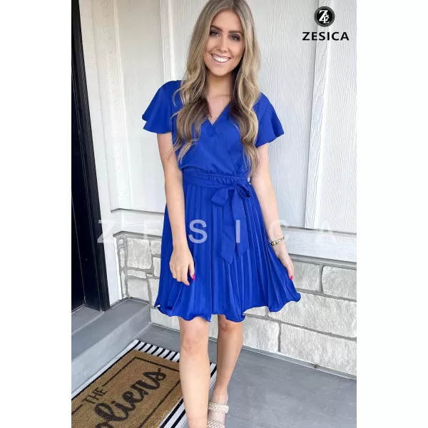 imageZESICA Womens Wrap V Neck Mini Dress 2023 Summer Flutter Sleeve Tie Waist Pleated A Line Swing Wedding Party Short DressesRoyalblue