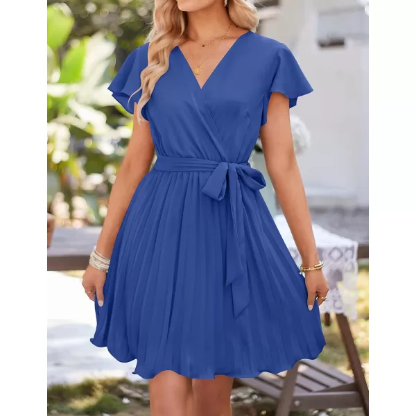 imageZESICA Womens Wrap V Neck Mini Dress 2023 Summer Flutter Sleeve Tie Waist Pleated A Line Swing Wedding Party Short DressesRoyalblue