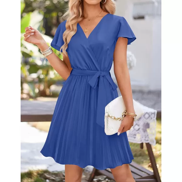 imageZESICA Womens Wrap V Neck Mini Dress 2023 Summer Flutter Sleeve Tie Waist Pleated A Line Swing Wedding Party Short DressesRoyalblue