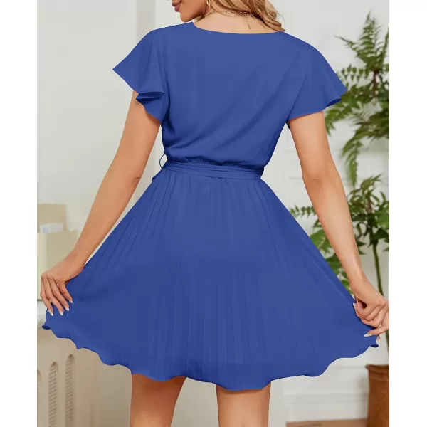 imageZESICA Womens Wrap V Neck Mini Dress 2023 Summer Flutter Sleeve Tie Waist Pleated A Line Swing Wedding Party Short DressesRoyalblue