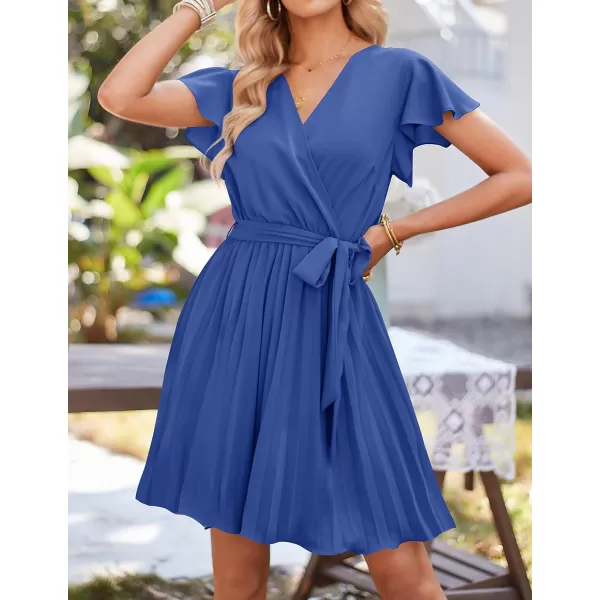imageZESICA Womens Wrap V Neck Mini Dress 2023 Summer Flutter Sleeve Tie Waist Pleated A Line Swing Wedding Party Short DressesRoyalblue