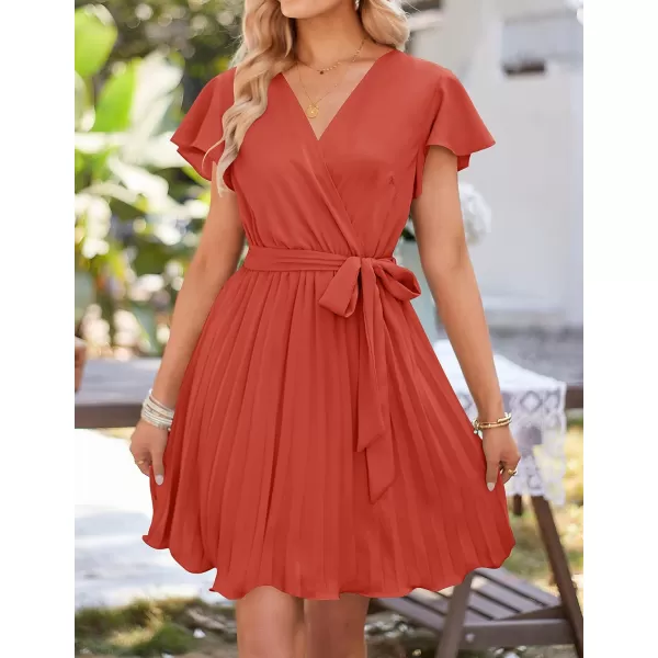 imageZESICA Womens Wrap V Neck Mini Dress 2023 Summer Flutter Sleeve Tie Waist Pleated A Line Swing Wedding Party Short DressesRust