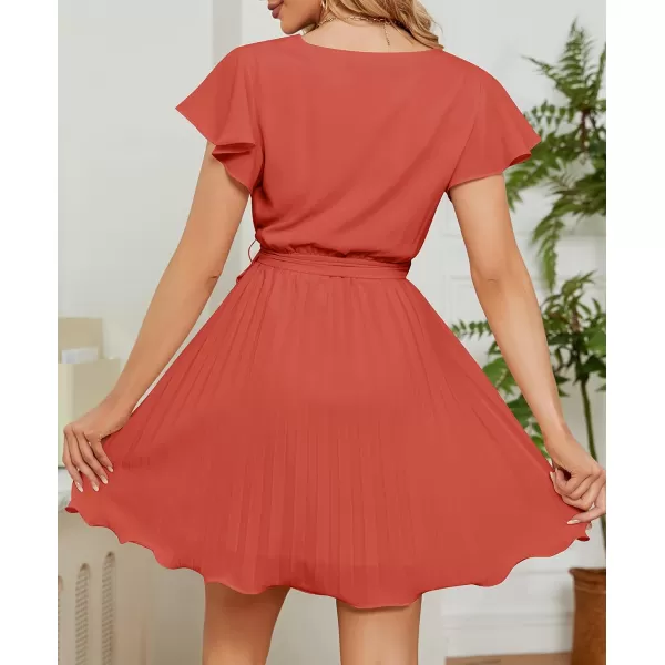 imageZESICA Womens Wrap V Neck Mini Dress 2023 Summer Flutter Sleeve Tie Waist Pleated A Line Swing Wedding Party Short DressesRust