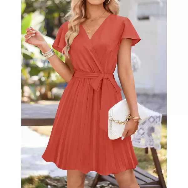 imageZESICA Womens Wrap V Neck Mini Dress 2023 Summer Flutter Sleeve Tie Waist Pleated A Line Swing Wedding Party Short DressesRust