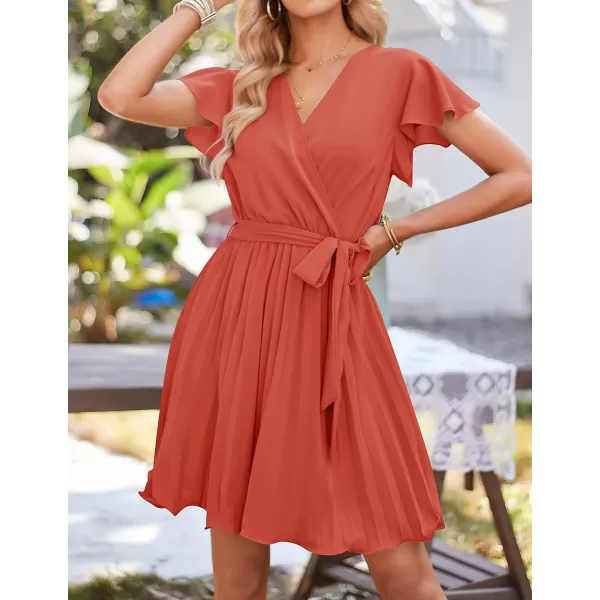 imageZESICA Womens Wrap V Neck Mini Dress 2023 Summer Flutter Sleeve Tie Waist Pleated A Line Swing Wedding Party Short DressesRust
