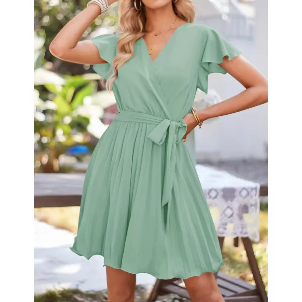 imageZESICA Womens Wrap V Neck Mini Dress 2023 Summer Flutter Sleeve Tie Waist Pleated A Line Swing Wedding Party Short DressesSage