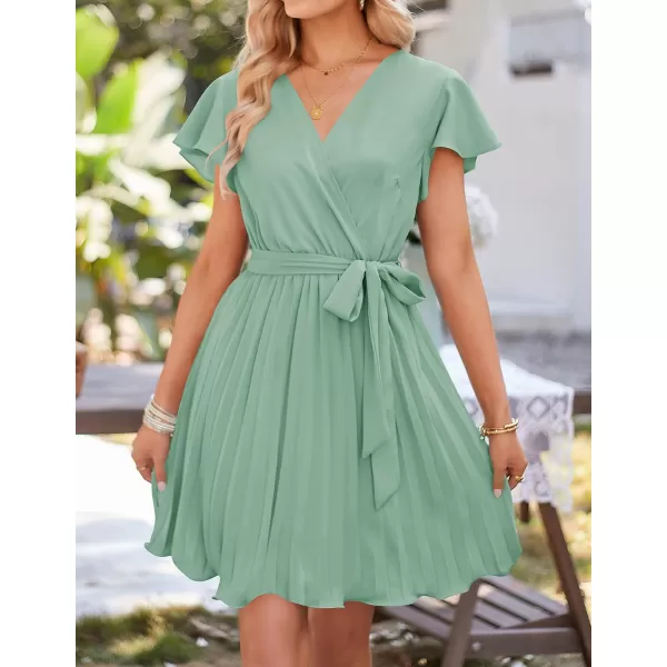 imageZESICA Womens Wrap V Neck Mini Dress 2023 Summer Flutter Sleeve Tie Waist Pleated A Line Swing Wedding Party Short DressesSage