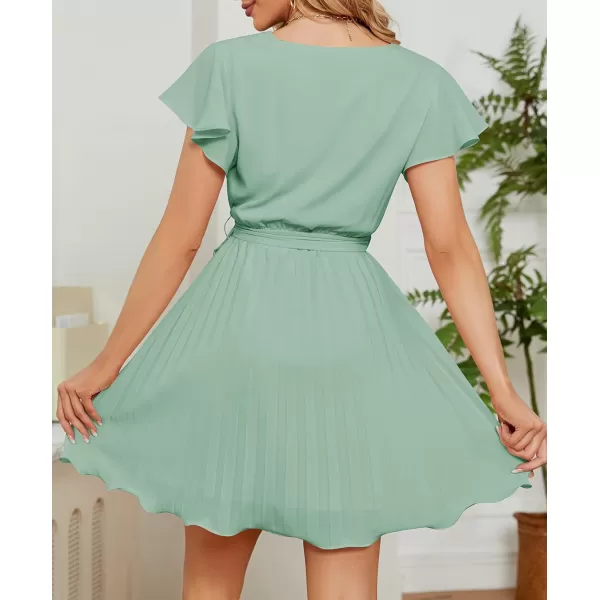 imageZESICA Womens Wrap V Neck Mini Dress 2023 Summer Flutter Sleeve Tie Waist Pleated A Line Swing Wedding Party Short DressesSage