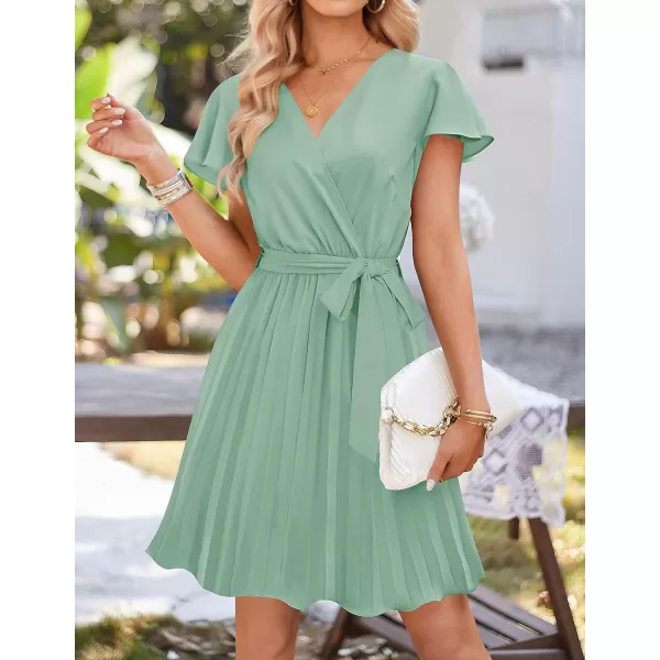 imageZESICA Womens Wrap V Neck Mini Dress 2023 Summer Flutter Sleeve Tie Waist Pleated A Line Swing Wedding Party Short DressesSage