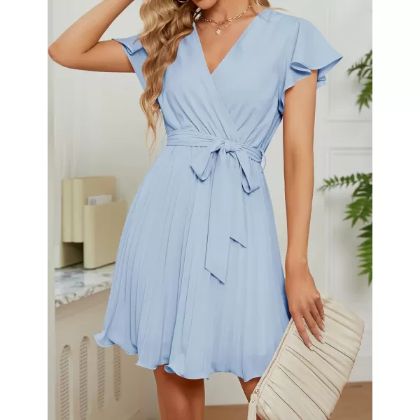imageZESICA Womens Wrap V Neck Mini Dress 2023 Summer Flutter Sleeve Tie Waist Pleated A Line Swing Wedding Party Short DressesSkyblue