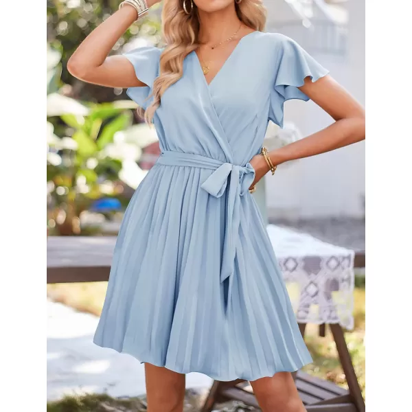 imageZESICA Womens Wrap V Neck Mini Dress 2023 Summer Flutter Sleeve Tie Waist Pleated A Line Swing Wedding Party Short DressesSkyblue