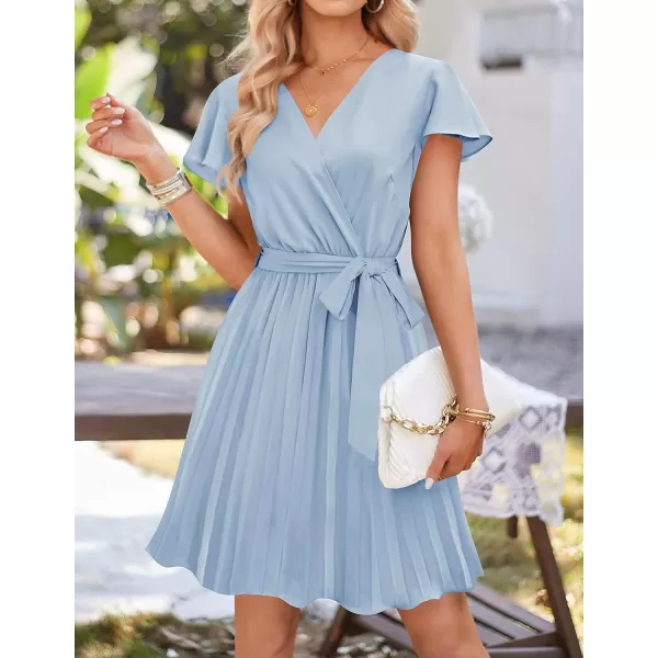 imageZESICA Womens Wrap V Neck Mini Dress 2023 Summer Flutter Sleeve Tie Waist Pleated A Line Swing Wedding Party Short DressesSkyblue