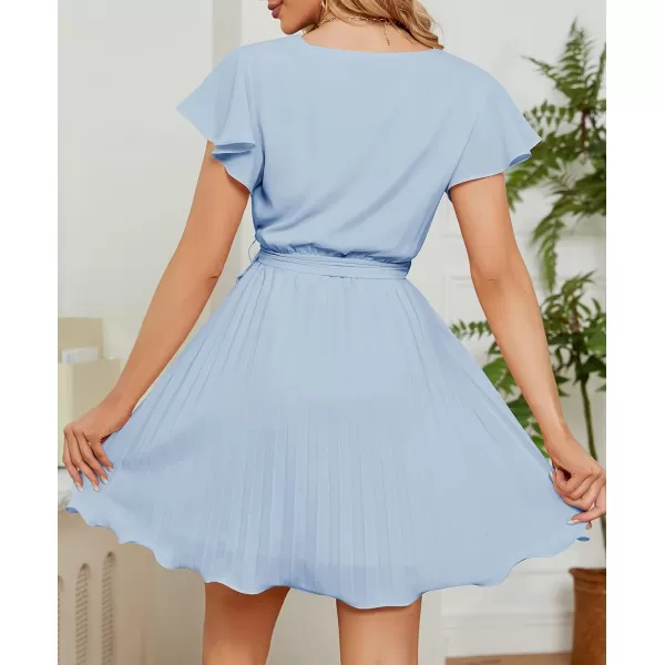 imageZESICA Womens Wrap V Neck Mini Dress 2023 Summer Flutter Sleeve Tie Waist Pleated A Line Swing Wedding Party Short DressesSkyblue