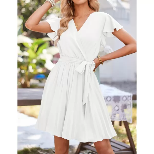 imageZESICA Womens Wrap V Neck Mini Dress 2023 Summer Flutter Sleeve Tie Waist Pleated A Line Swing Wedding Party Short DressesWhite