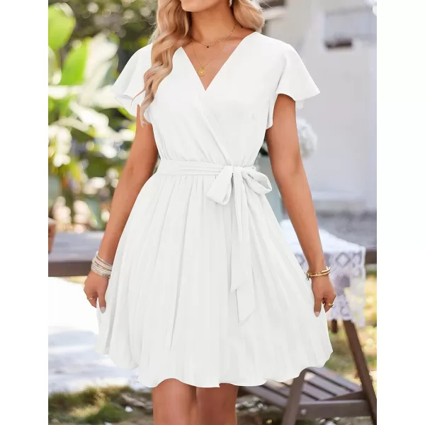 imageZESICA Womens Wrap V Neck Mini Dress 2023 Summer Flutter Sleeve Tie Waist Pleated A Line Swing Wedding Party Short DressesWhite