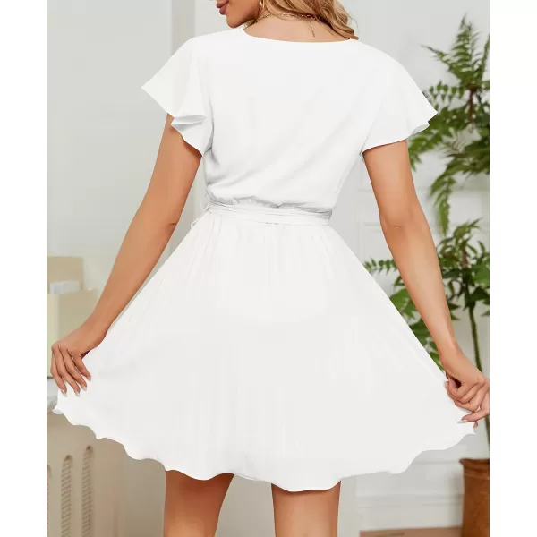 imageZESICA Womens Wrap V Neck Mini Dress 2023 Summer Flutter Sleeve Tie Waist Pleated A Line Swing Wedding Party Short DressesWhite