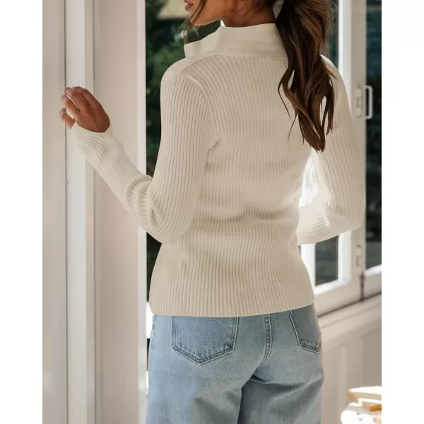 imageZESICA Womens Zip Up Sweater 2023 Long Sleeve V Neck Shirt Fall Ribbed Knit Slim Fitted Casual TopsAlmond
