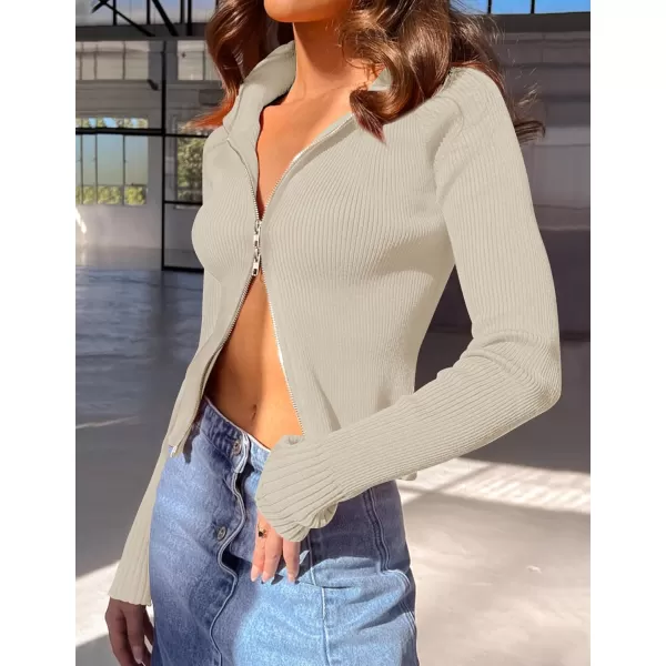 imageZESICA Womens Zip Up Sweater 2023 Long Sleeve V Neck Shirt Fall Ribbed Knit Slim Fitted Casual TopsAlmond