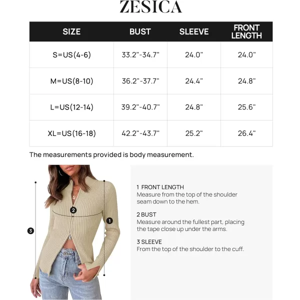 imageZESICA Womens Zip Up Sweater 2023 Long Sleeve V Neck Shirt Fall Ribbed Knit Slim Fitted Casual TopsApricot