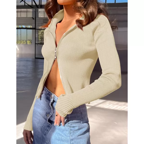 imageZESICA Womens Zip Up Sweater 2023 Long Sleeve V Neck Shirt Fall Ribbed Knit Slim Fitted Casual TopsApricot