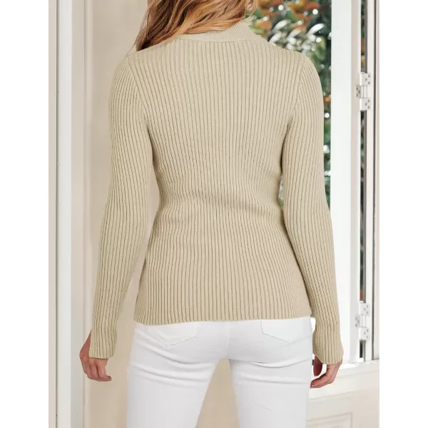 imageZESICA Womens Zip Up Sweater 2023 Long Sleeve V Neck Shirt Fall Ribbed Knit Slim Fitted Casual TopsApricot