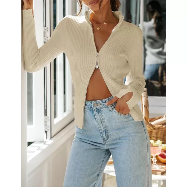 imageZESICA Womens Zip Up Sweater 2023 Long Sleeve V Neck Shirt Fall Ribbed Knit Slim Fitted Casual TopsApricot