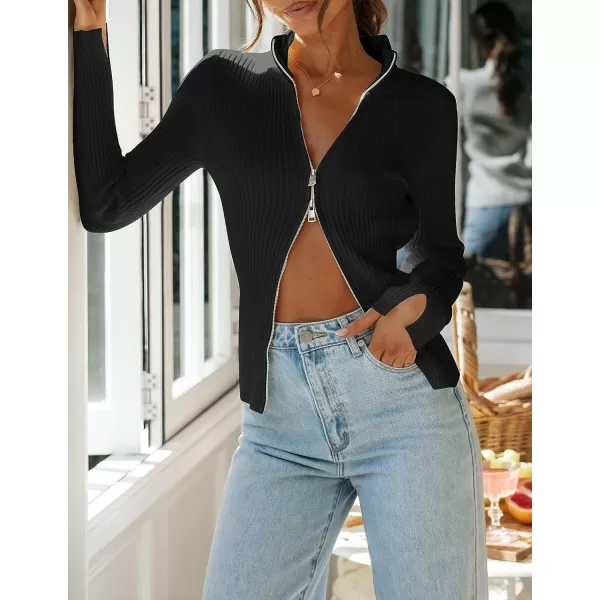 imageZESICA Womens Zip Up Sweater 2023 Long Sleeve V Neck Shirt Fall Ribbed Knit Slim Fitted Casual TopsBlack