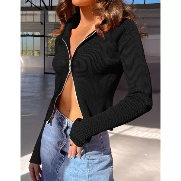 imageZESICA Womens Zip Up Sweater 2023 Long Sleeve V Neck Shirt Fall Ribbed Knit Slim Fitted Casual TopsBlack